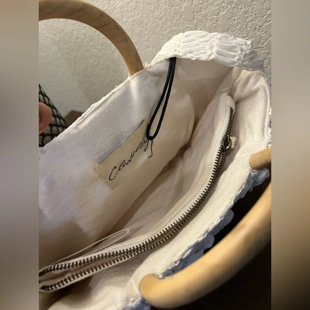 NWT Cleobella Raffia straw purse White Woven Handbag with Wooden Handles - Picture 10 of 13
